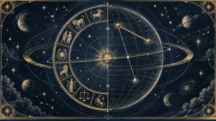 Engraved illustrative zodiac wheel intersecting a celestial-equator map with paired planetary markers and parallel and contraparallel lines.