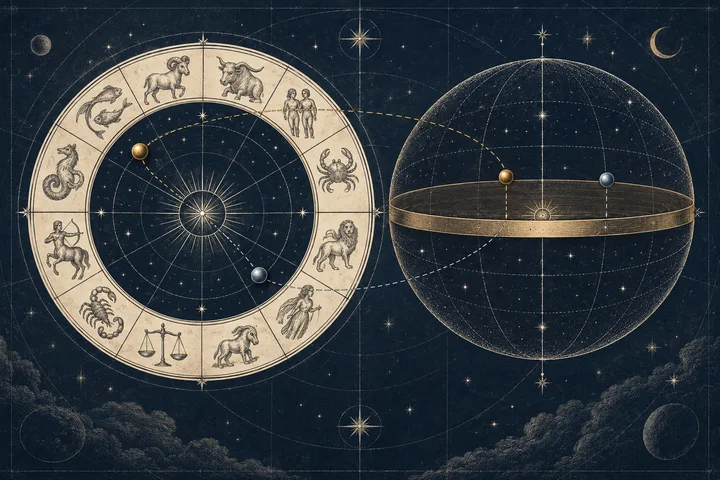 Illustrative comparison of a zodiac longitude wheel and a celestial-equator declination globe linked by abstract planetary markers.