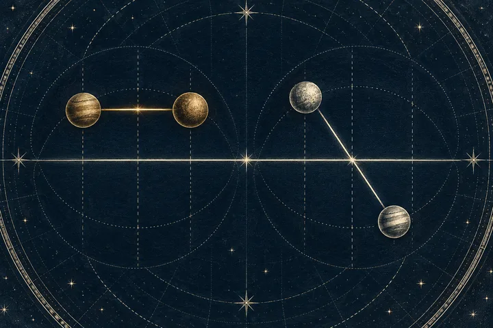 Close-up illustrative celestial-equator grid showing a same-side parallel and an opposite-side contraparallel between abstract planets.