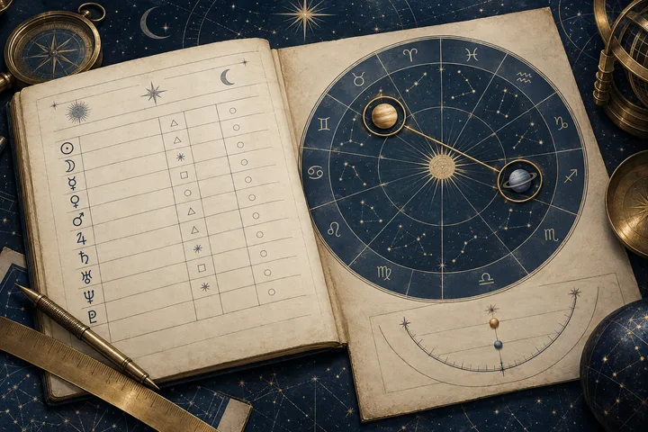 Illustrative astrological worksheet with a zodiac wheel, emphasized planetary pair, and secondary declination arc for ranking contacts.