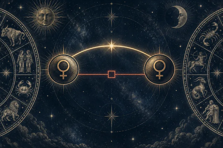 Illustrative synastry artwork showing two Venus glyphs in a midnight-blue zodiac field, representing the same planet pair viewed through more than one aspect layer.