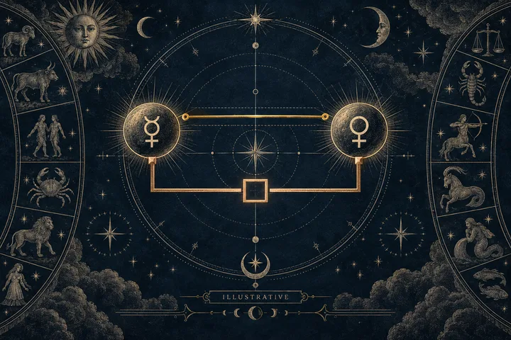 Illustrative synastry diagram with Mercury and Venus glyphs connected across a zodiac field, representing a declination layer that adds texture to a planetary contact.