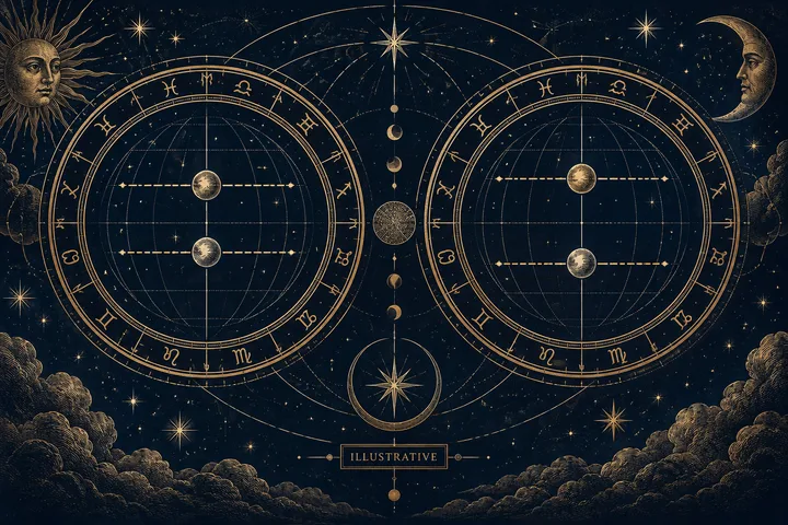 Engraved-style illustration of two circular zodiac diagrams with paired gold spheres, stars, clouds, a sun face, a crescent moon, and a vertical row of moon phases against a dark blue sky.