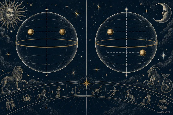 Engraved-style illustration of two dark spherical diagrams: the left sphere has two gold spheres aligned above its equator, while the right has one above and one below; zodiac figures and a sun and crescent moon surround them.