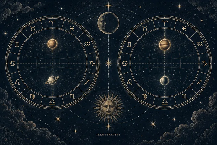 Engraved-style illustration of two circular zodiac diagrams, each with a glowing sphere near the top and another object lower down, with a crescent moon above and a sun face below.