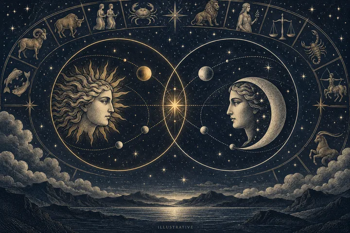 Engraved-style night sky with facing sun and crescent moon profiles inside overlapping circular diagrams, surrounded by stars and zodiac figures above a mountain lake; ‘ILLUSTRATIVE’ appears below.