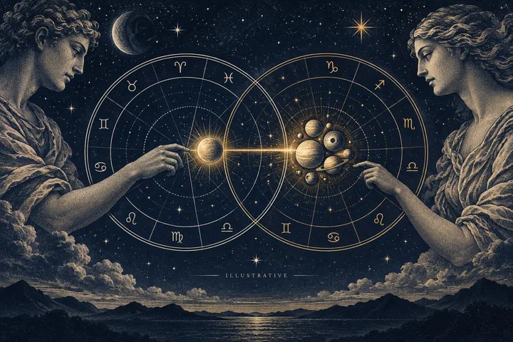 Engraving-style scene of two statue-like figures facing each other beside overlapping zodiac charts. A glowing golden sphere and a cluster of planets are linked by a bright line beneath a starry sky, with mountains and water below.