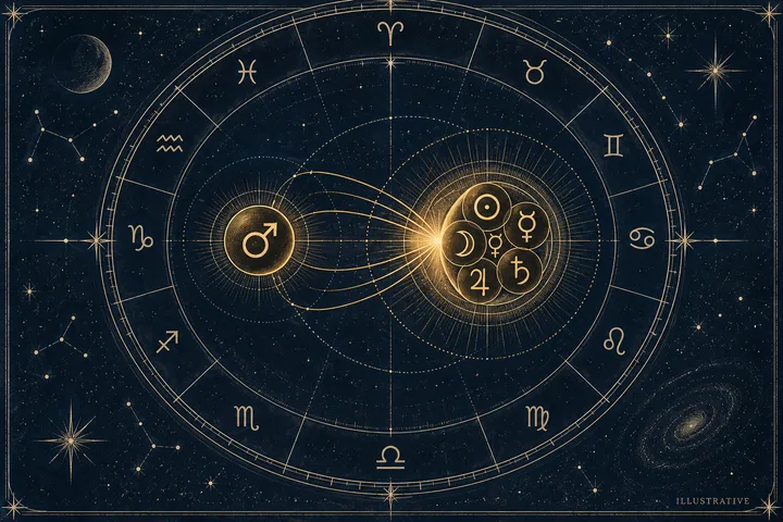 Circular zodiac diagram on a starry background, with a glowing Mars symbol on the left connected by curved golden lines to a cluster of planetary symbols at the center. A spiral galaxy appears at the lower right.