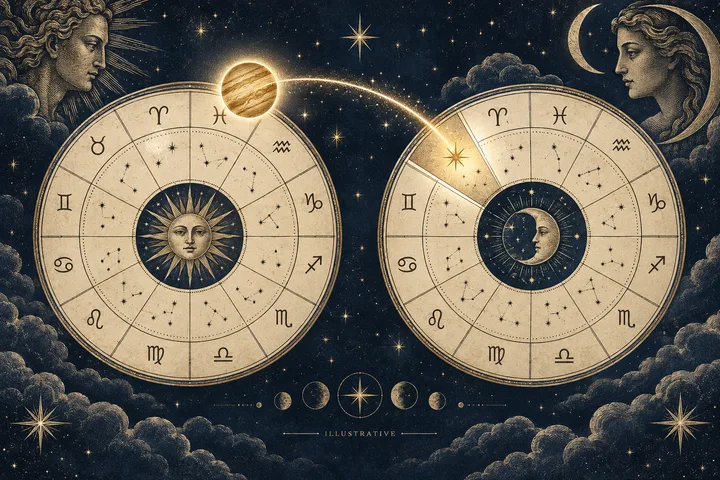 Engraved illustration of two circular zodiac wheels beneath a starry sky, with a sun face in the left wheel, a moon face in the right wheel, and a glowing arc connecting them.