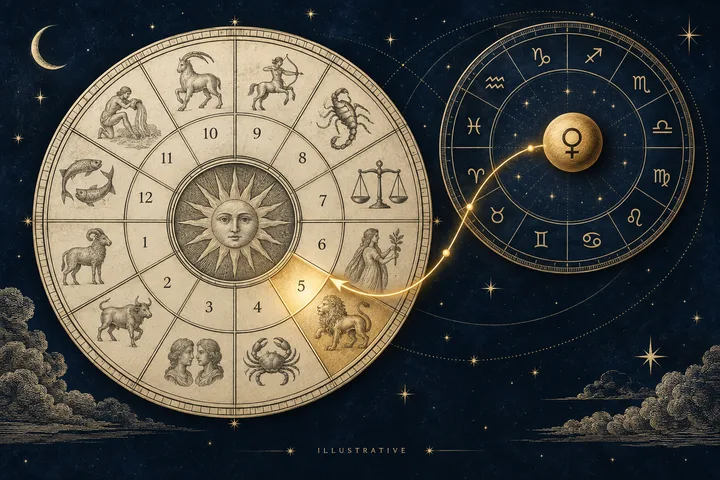 Engraved illustration of a numbered circular wheel with zodiac figures connected by a glowing curved path to a second zodiac wheel centered on a Venus symbol.