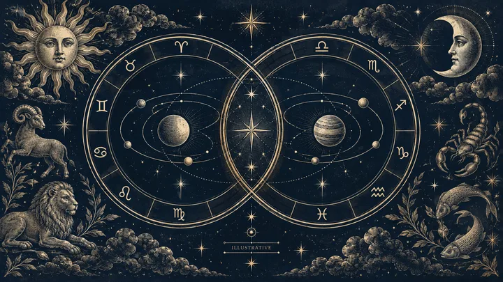 Two overlapping zodiac wheels with planets, stars, and sun and moon faces on a dark, engraved-style background.