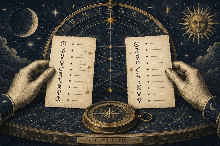 Hands hold two sheets marked with astrological symbols above a star chart, with a compass below.