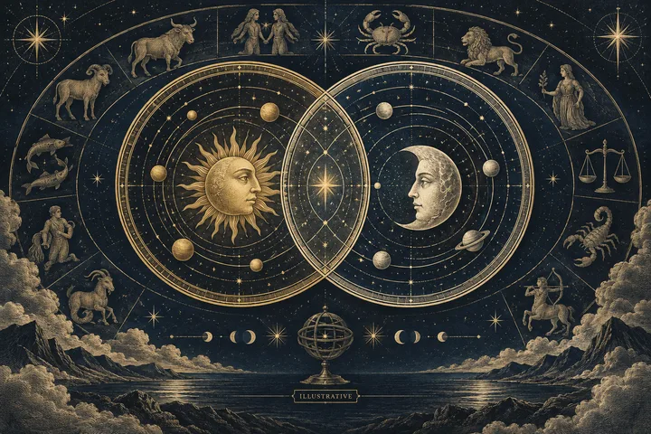 Two overlapping circular star charts with a sun face and a moon face, surrounded by zodiac figures and stars.