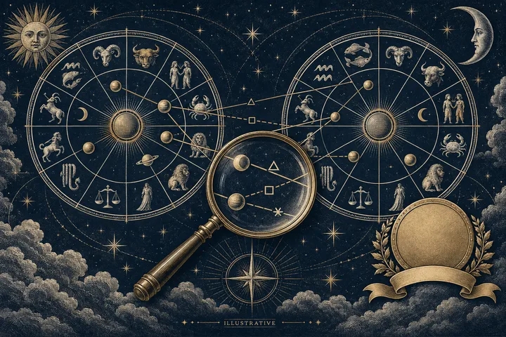 Two circular zodiac charts linked by lines, with a magnifying glass over chart symbols and a blank banner at the lower right.