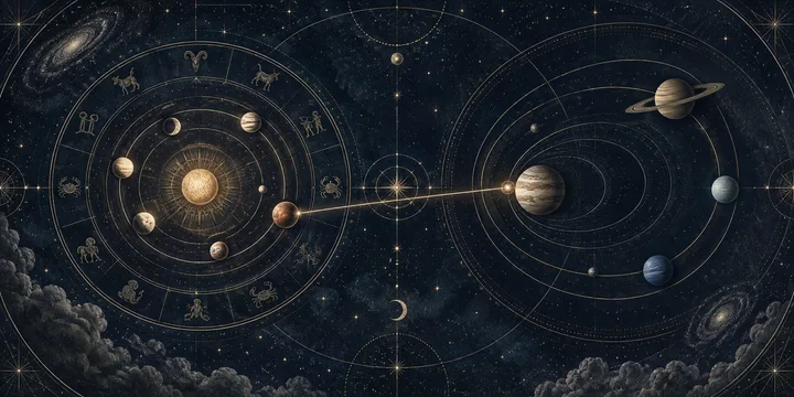 Illustrative wide double-wheel zodiac composition with two planetary systems joined by a bright gold aspect line against a midnight-blue sky.