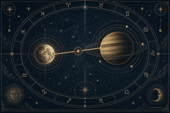 Illustrative lunar synastry plate showing a textured Moon at left and a large ringed planet at right, linked by a straight gold line inside an engraved zodiac wheel.