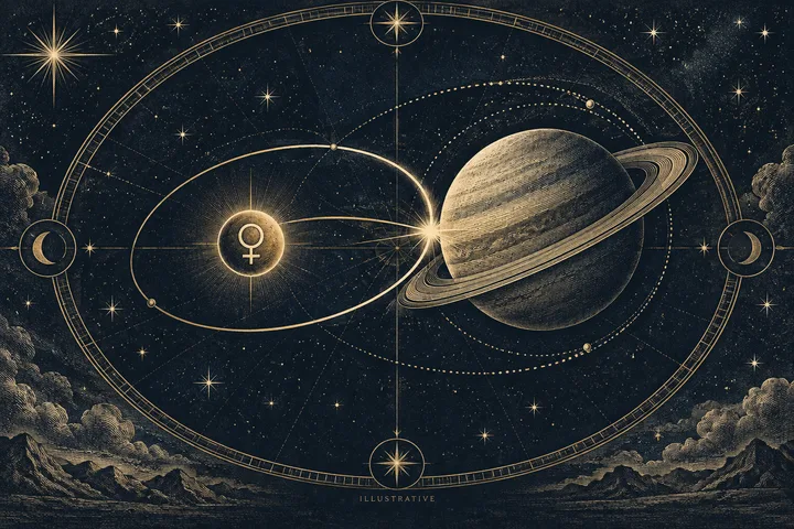 Illustrative Venus synastry plate with the Venus glyph facing a large ringed planet and several orbital lines inside a circular zodiac frame.