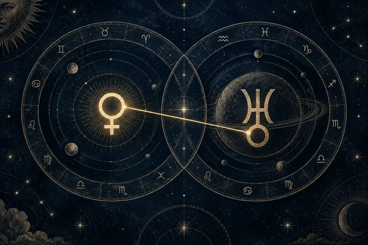 Illustrative overlapping zodiac wheels with a Venus glyph on the left and a Uranus glyph on the right, connected by a bright aspect line.
