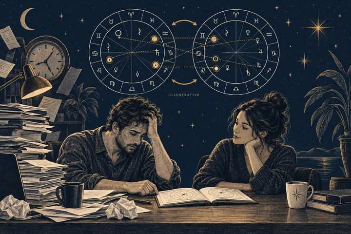 Editorial illustration accompanying: How should couples use a placement comparison when one partner is under unusual work stress?