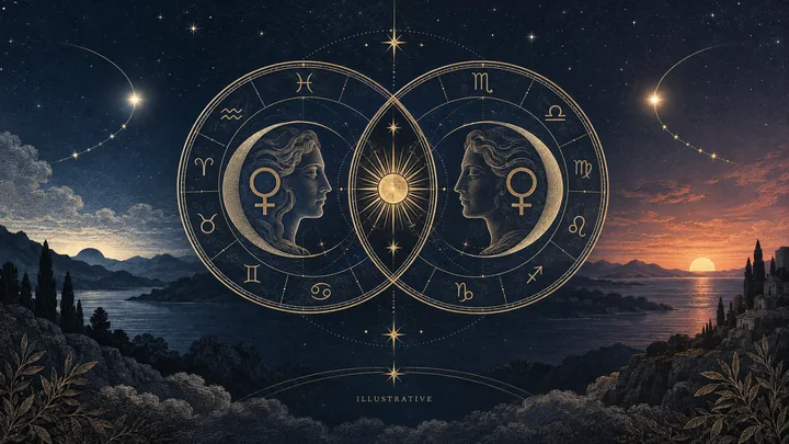 Engraved illustrative synastry wheels with Venus symbols between a pre-dawn sky and an evening sunset