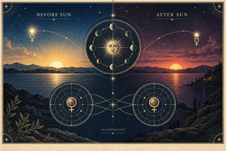 Illustrative engraved diagram comparing Venus before the Sun and after the Sun across two synastry circles