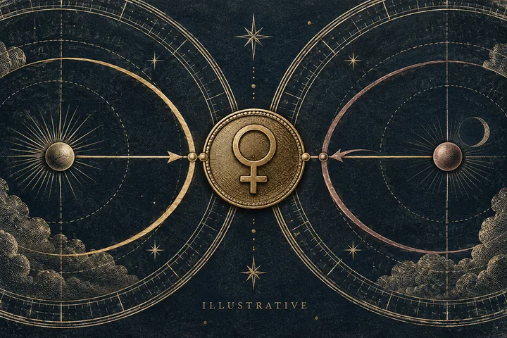 Close-up illustrative brass Venus medallion linking two abstract synastry arcs on an engraved midnight-blue plate
