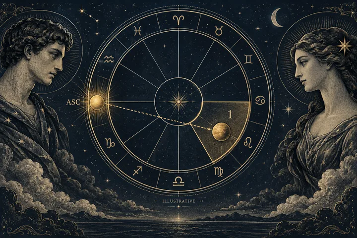 Illustrative brass planet touching the Ascendant horizon line on a midnight-blue synastry wheel, framed by ivory zodiac symbols.