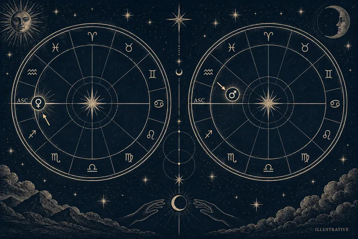 Illustrative first-house diagram with a brass planet set deeper inside the house beyond the Ascendant threshold, surrounded by engraved zodiac marks.