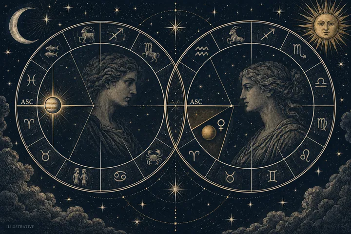 Illustrative close-up of paired brass degree markers, one tight to the Ascendant and one farther inside the first-house field.