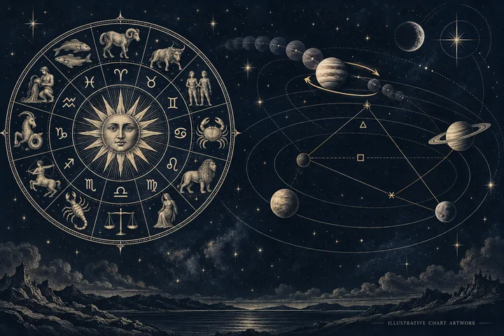 Editorial illustration accompanying: Why can a planet's apparent motion matter more for interpretation than for aspect geometry?