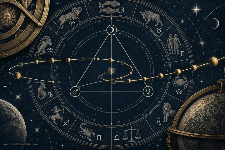 Editorial illustration accompanying: Why can a planet's apparent motion matter more for interpretation than for aspect geometry?