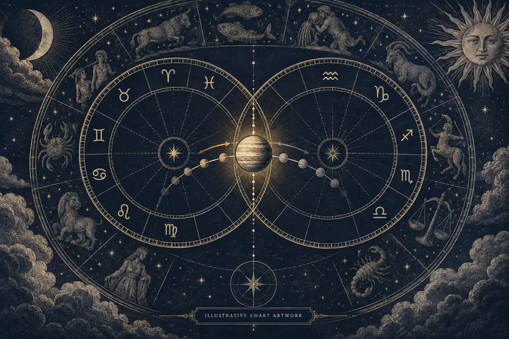 Two overlapping brass zodiac circles surround a central planet and a curved trail of smaller spheres, with engraved celestial figures, stars, a crescent moon, and a sun on a dark blue background.