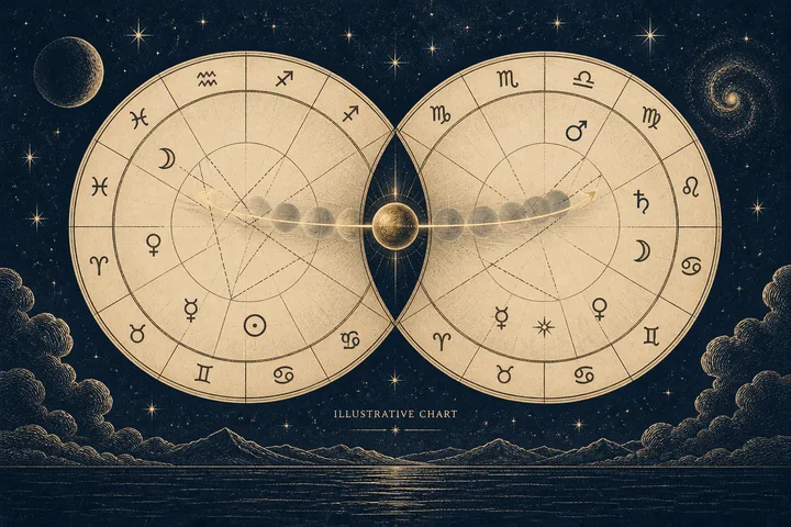 Two ivory zodiac circles meet around a glowing central sphere, with a thin line passing through a row of smaller spheres; the dark blue artwork is labeled ‘Illustrative Chart.’