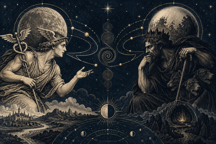 Engraving-style scene of two classical figures facing each other beneath large moons, with celestial orbits, stars, and a small eclipse between them.