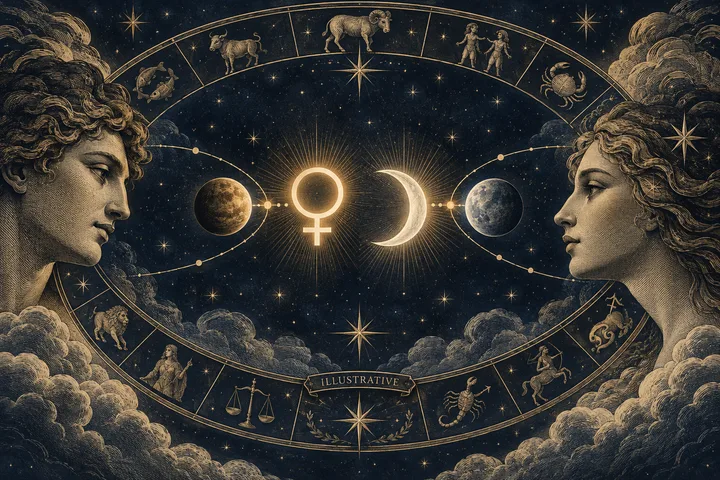 Two classical profile faces look toward a glowing Venus symbol, crescent moon, and planets inside a starry zodiac circle.