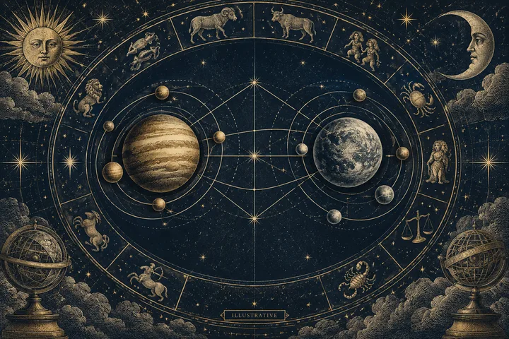 An engraved-style star chart shows two large planets and smaller bodies connected by curved lines inside a zodiac ring, with a sun, crescent moon, and the word ‘Illustrative’ at the bottom.