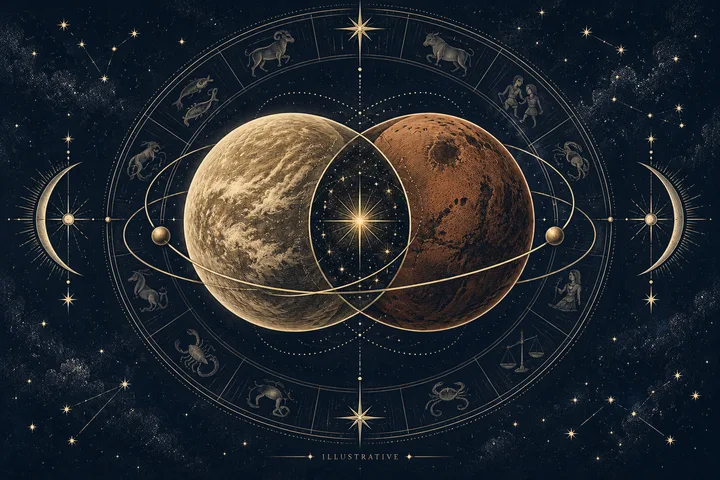 Two large textured planets overlap around a bright central star, encircled by orbital lines and a ring of zodiac symbols against a starry night sky.