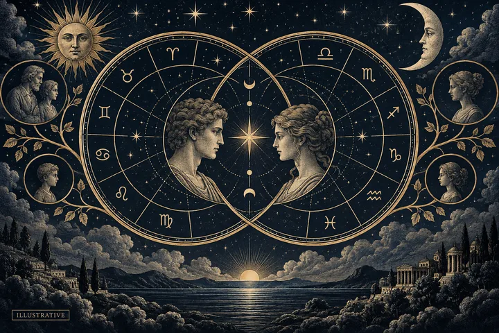 Illustrative midnight-blue synastry wheel with two linked zodiac circles framing a couple, family vignettes at the sides, and a classical temple-like landscape beneath the stars.