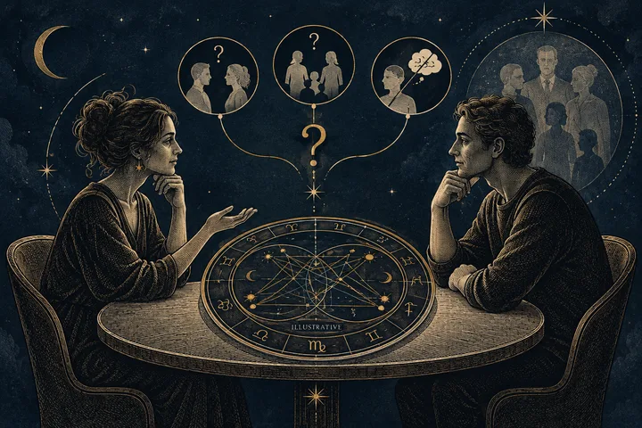 Illustrative brass-and-ivory chart details arranged like a family conversation, with a fourth-house motif, Moon symbol, and open boundary lines on midnight blue.