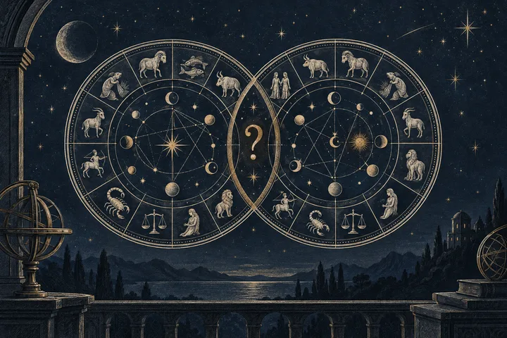 Engraved illustration of two overlapping zodiac wheels separated by a brass question mark, symbolizing careful questions about approximate synastry data.