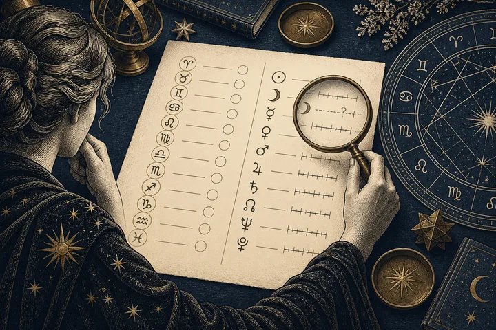 Engraved overhead illustration of a person checking symbolic zodiac placements and degree marks with a brass magnifying glass, including an uncertain Moon position.