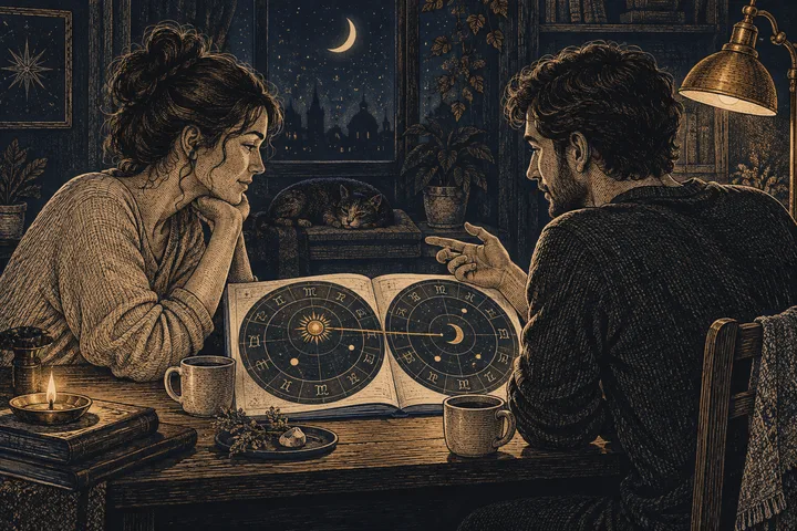 Engraved illustration of two people discussing a symbolic synastry chart at a table, turning a chart pattern into a calm shared question.
