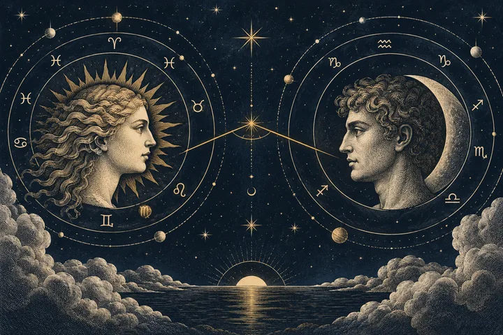 Engraved profiles of a woman and a man face each other inside zodiac circles, linked by a curved line above a sea and rising sun.