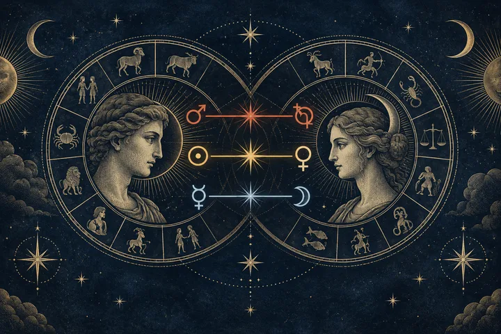 Engraved midnight-blue illustration of two overlapping zodiac charts connected by three distinct synastry pathways in brass, terracotta, and pale blue.