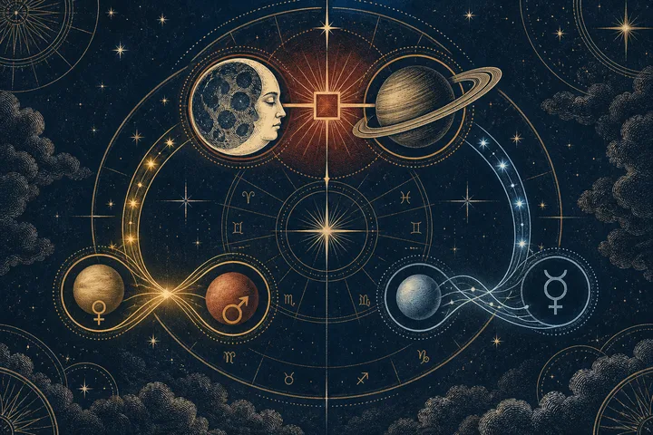 Engraved synastry diagram showing a prominent Moon-Saturn tension, a warm Venus-Mars connection, and a pale-blue Mercury communication bridge.
