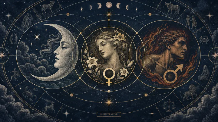 Illustrative synastry wheel with Moon, Venus, and Mars symbols following three distinct paths