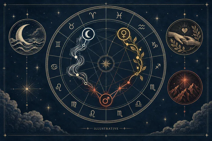 Illustrative three-layer synastry diagram linking emotional safety, affection, and desire