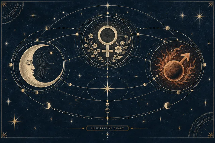 Illustrative synastry aspect lines meeting at a pause between attraction and emotional safety