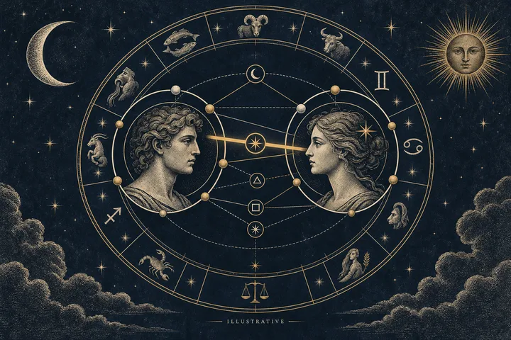 Editorial illustration accompanying: How should you rank several synastry aspects between the same two people?