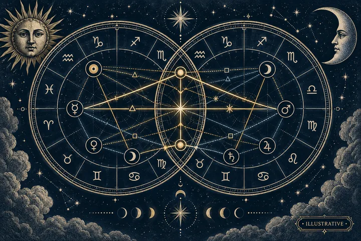 Editorial illustration accompanying: How should you rank several synastry aspects between the same two people?